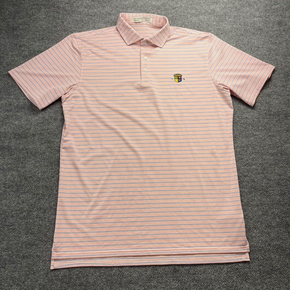 Holderness & Bourne Mens L Tailored Fit Striped OWCC Golf Polo Orange Blue
